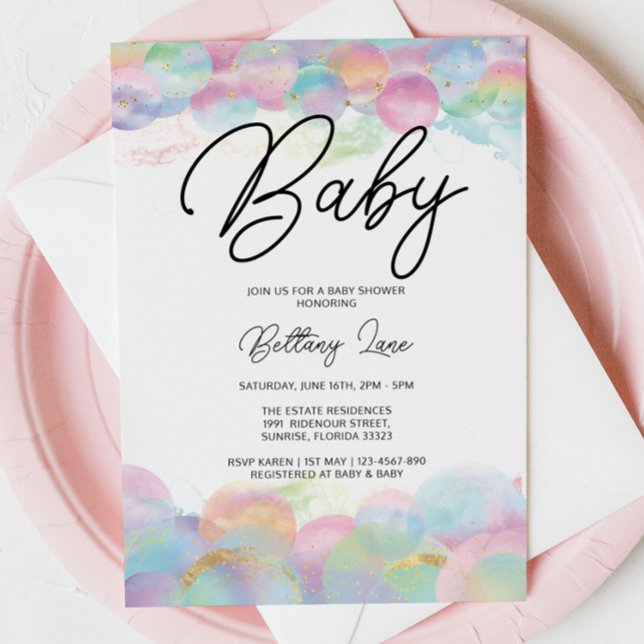Guld Shimmer och Bubble Rainbow 1st Baby Shower Inbjudningar (Skapare uppladdad)