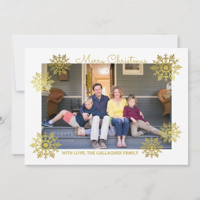 Guld Shimmering Chic Snowflake Helgdag Photo Julkort (Framsida)