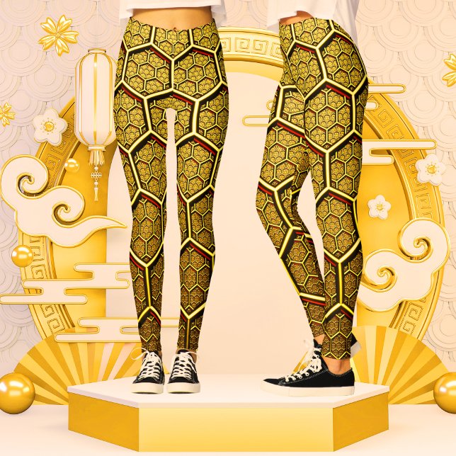 Guld Shiny Hexagon Abstrakt Geometric Mönster Leggings (Skapare uppladdad)
