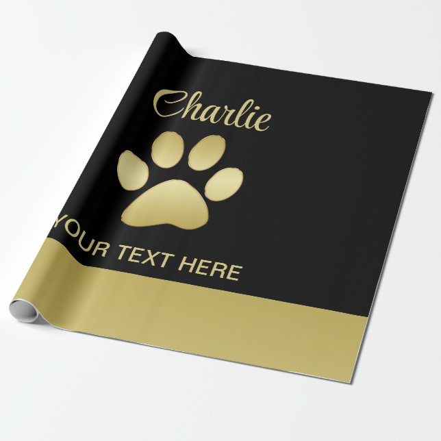 Guld Shiny Hund Tass mot svart bakgrund Presentpapper (Utrullad)