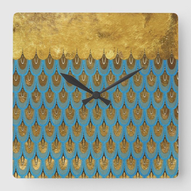 Guld Shiny Princess Sjöjungfru Glitter Scales Fyrkantig Klocka (Framsida)