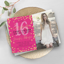Guld Shock rosa Confetti Photo Surprise Sweet 16 Inbjudningar