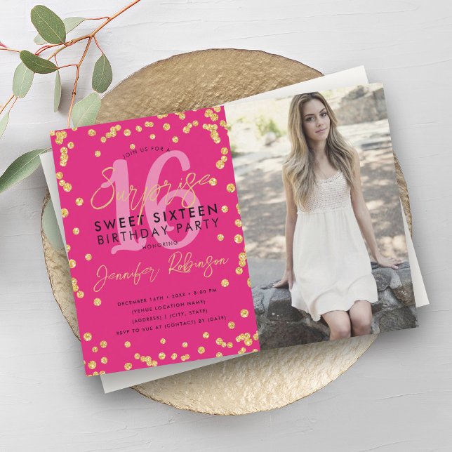 Guld Shock rosa Confetti Photo Surprise Sweet 16 Inbjudningar (Gold Hot Pink Confetti Photo Surprise Sweet 16 Invitation)