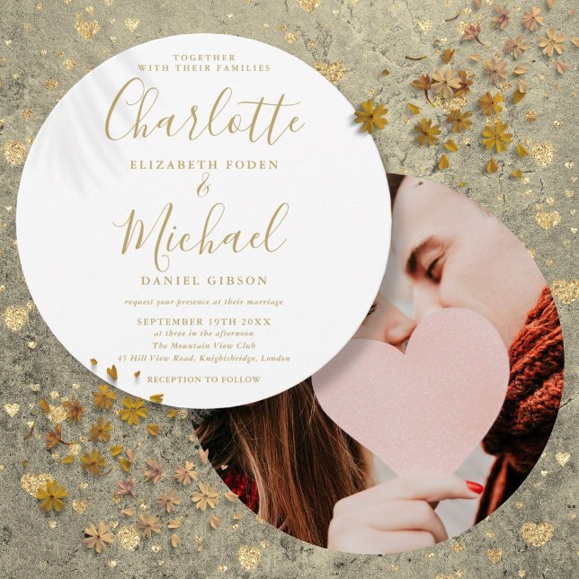 Guld Signatur Skript Cirkulär Foto Bröllop Inbjudningar (Gold Signature Script Circular Photo Wedding Invitation)
