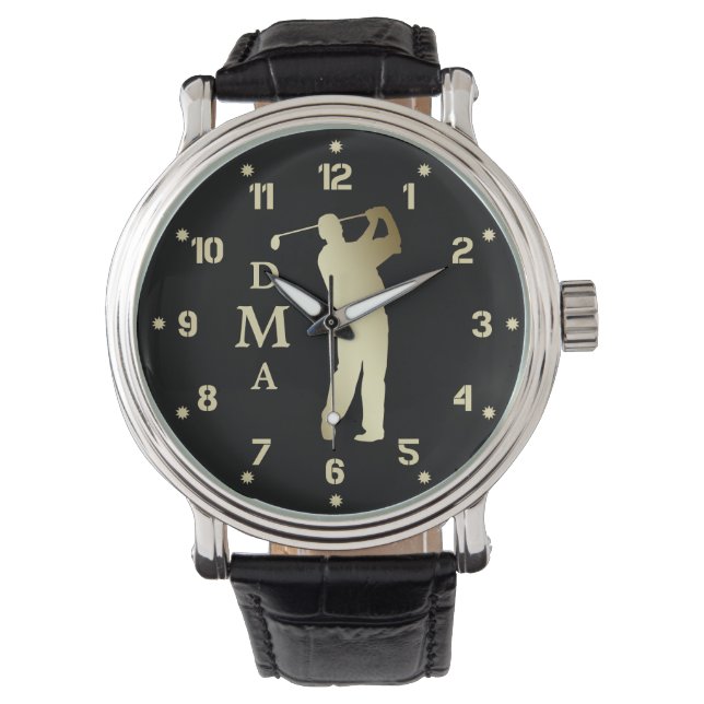 Guld Silhouette Golfer Monogram Armbandsur (Framsida)