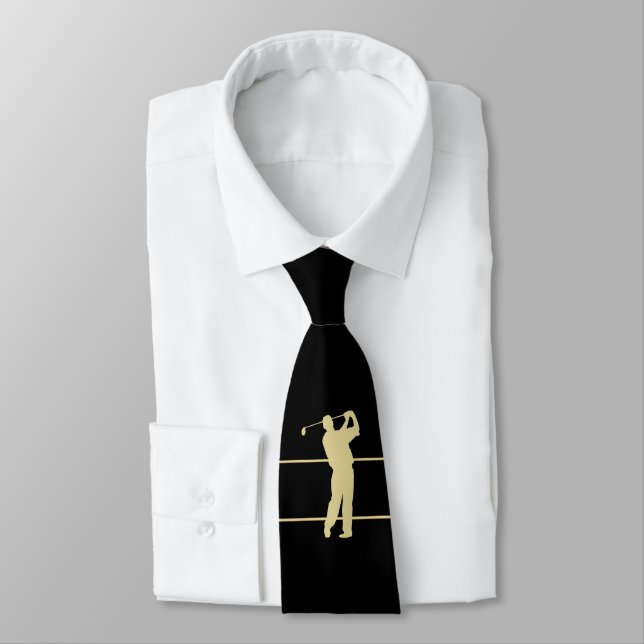 Guld Silhouette Golfer på Black Neck Tie Slips (Bunden)