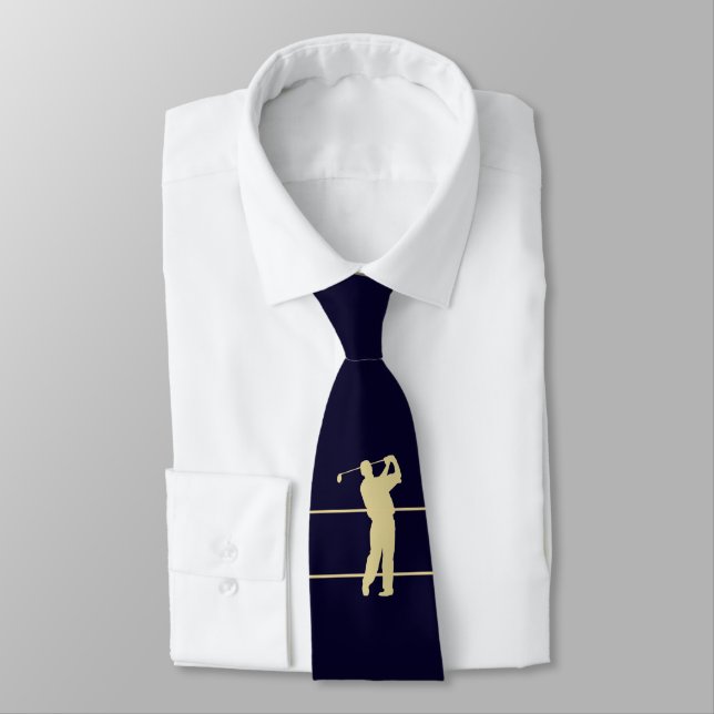 Guld Silhouette Golfer på Navy Blue Neck Tie Slips (Bunden)