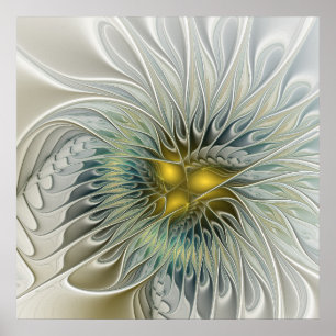 Guld Silver Blomma Fantasi abstrakt Fraktal Konst Poster
