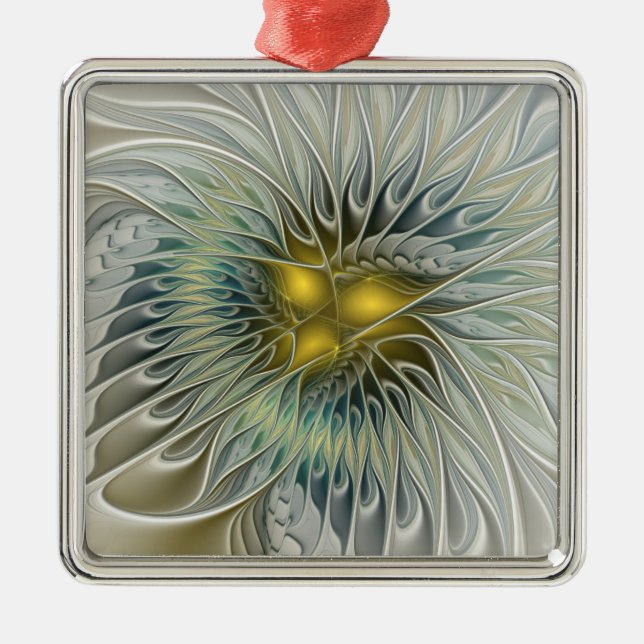 Guld Silver Blomma Fantasy Abstrakt Fraktal Konst Julgransprydnad Metall (Framsidan)