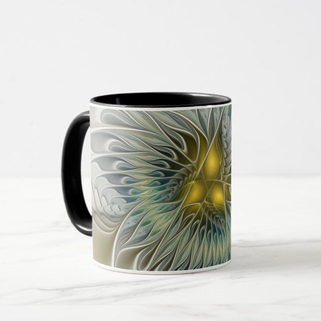 Guld Silver Blomma Fantasy Abstrakt Fraktal Konst Mugg (Framsida vänster)