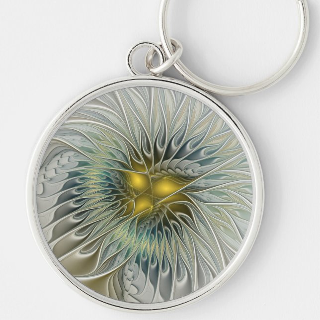 Guld Silver Blomma Fantasy Abstrakt Fraktal Konst Rund Silverfärgad Nyckelring (Framsidan)