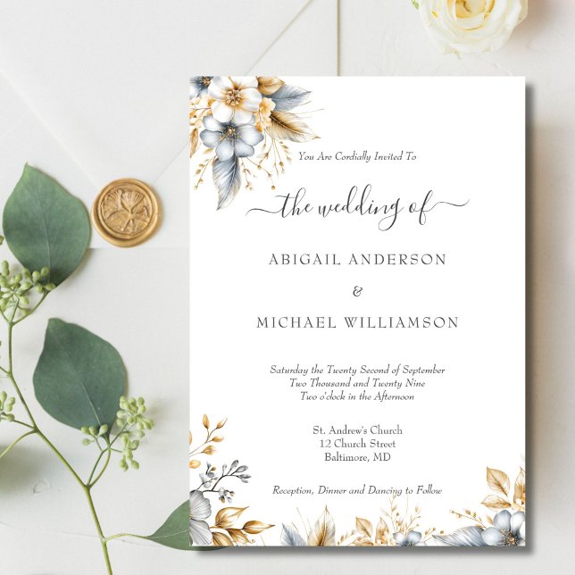 Guld Silver Blommigt Botaniska Elegant bröllop Inbjudningar (Gold Silver Floral Botanical Watercolor Elegant Traditional Wedding invitation. Printed or Digital )