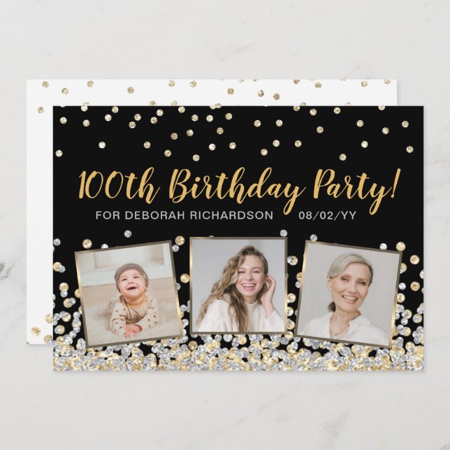Guld Silver Confetti Photo Collage 100 Birthday Inbjudningar (Fram/baksida)