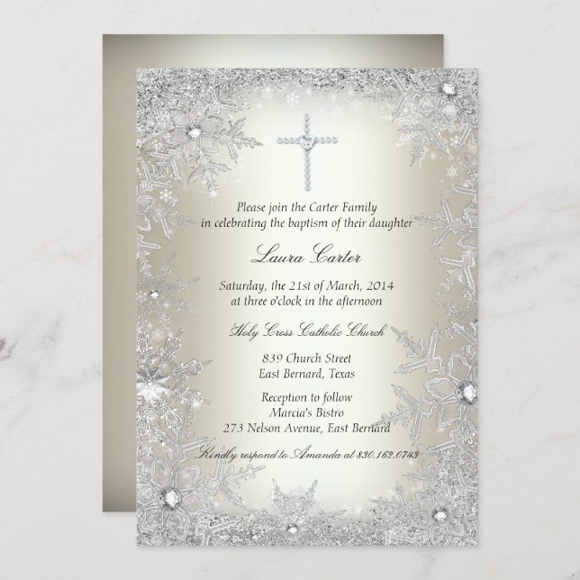 Guld Silver Crystal Snowflake Baptism/Christening Inbjudningar (Fram/baksida)