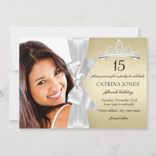 Guld Silver Diamantbåge & Tiara Quinceanera Inbjud Inbjudningar