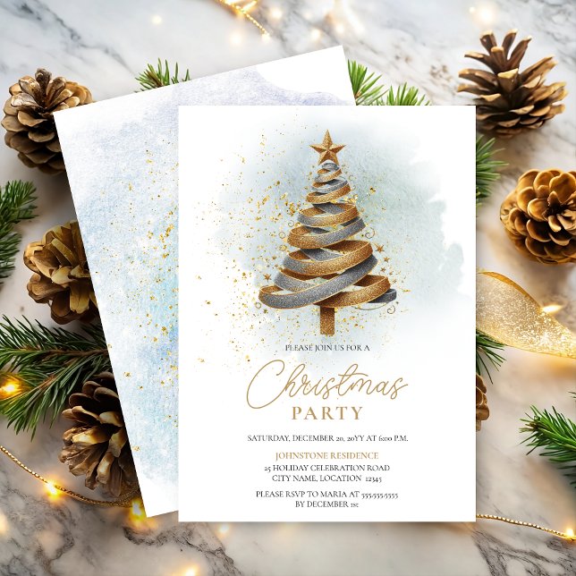 Guld Silver Faux Glitter Träd jul Party Inbjudningar (Gold and silver faux glitter ribbon tree Christmas Party invitation front and back view.)