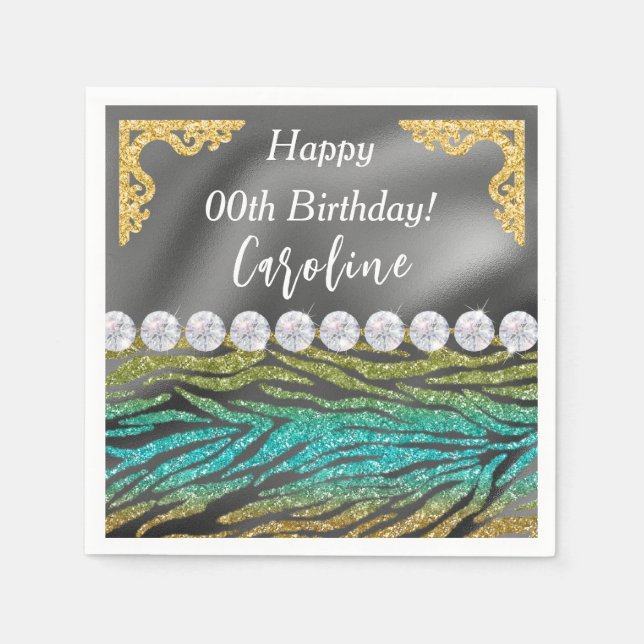 Guld Silver Foil & Teal Zebra tryck Birthday Pappersservett (Framsidan)