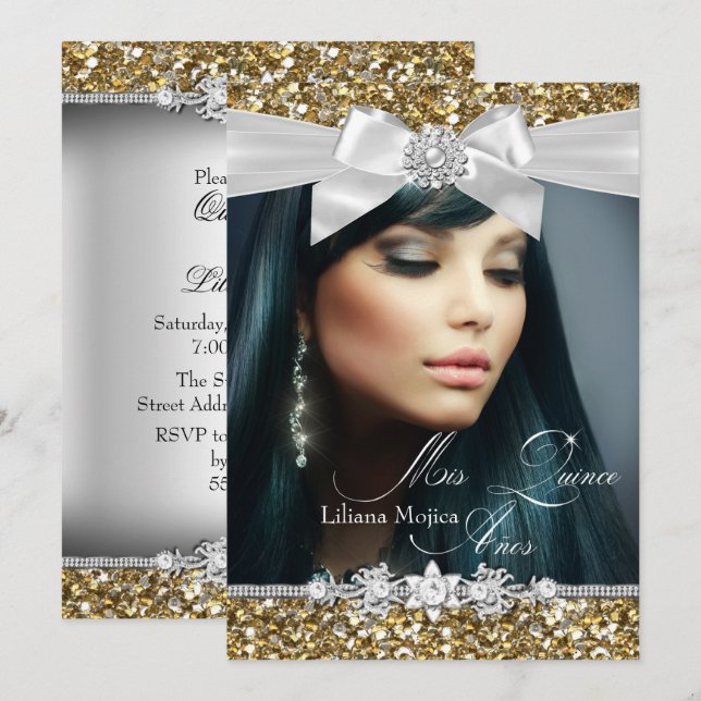 Guld Silver Glitter Bow Foto Quinceanera Inbjudan (Fram/baksida)