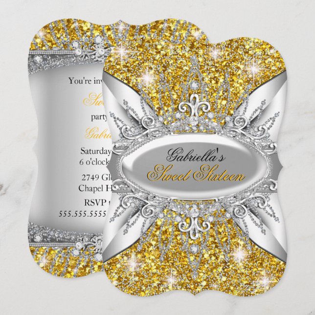 Guld Silver Glitter Diamant Sweet 16 Inbjudan (Fram/baksida)