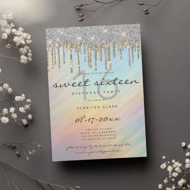 Guld Silver Glitter Drips Holografisk sötsak 16 Inbjudningar (Gold Silver Glitter Drips Holographic Sweet 16)