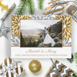 Guld Silver Glitter Foto Newlyweds Married Merry Julkort