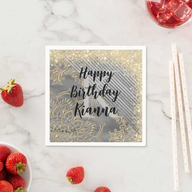 Guld Silver Glitter Mandala Monogram födelsedag Pappersservett (Insitu)