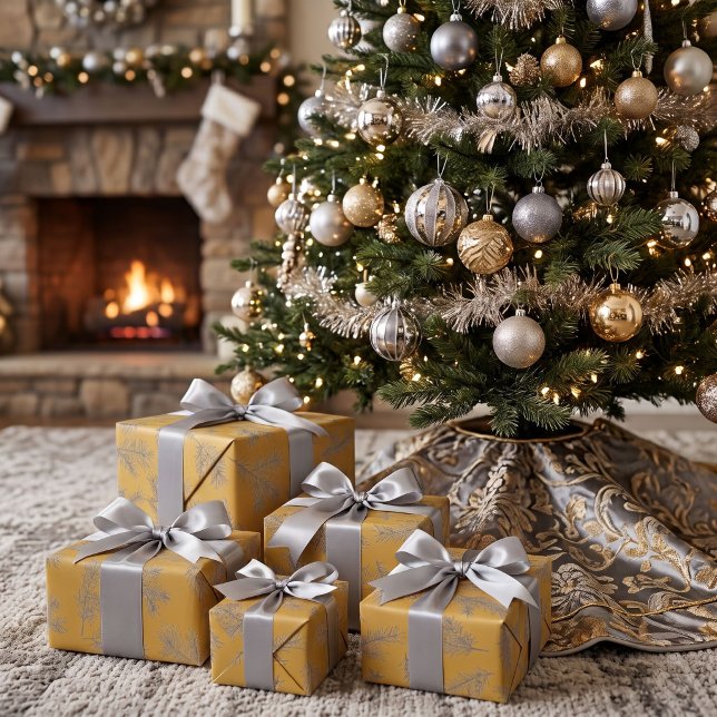 Guld Silver Grå Botanisk Chic Jul Presentpapper (Skapare uppladdad)
