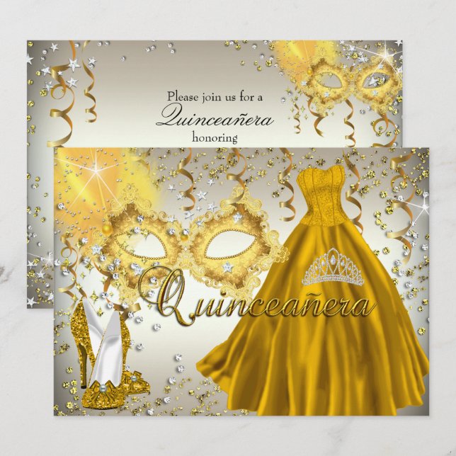 Guld Silver Maskerad Quinceanera Inbjudan (Fram/baksida)