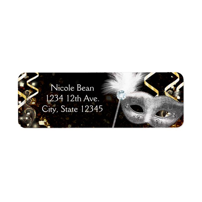 Guld & Silver Masqueradmask Födelsedagsfest Returadress Etikett (Framsidan)