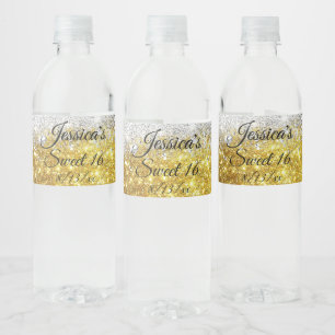 Guld & Silver mousserande Glitter Sweet 16 Vattenflaskor Etikett