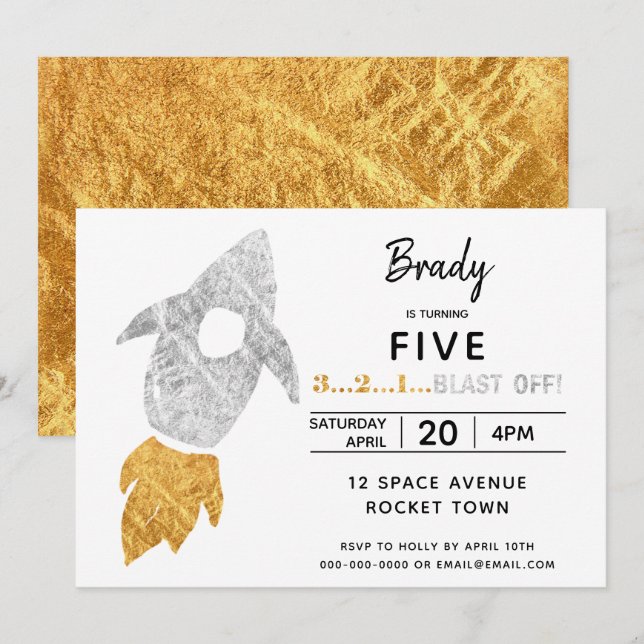 Guld Silver Rocket Frakt Rymden Födelsedagsfest Inbjudningar (Fram/baksida)