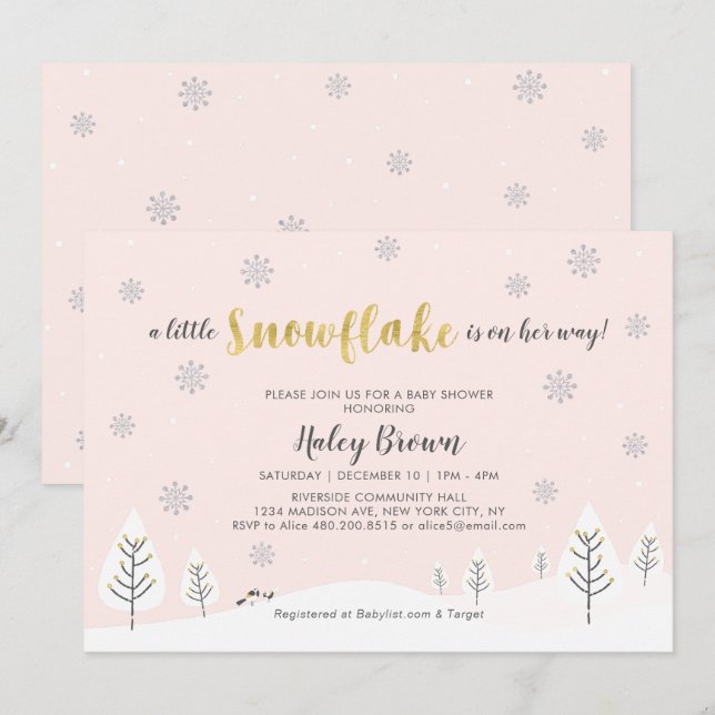 Guld, Silver & Rosa Winter Wonderland Baby Shower Inbjudningar (Fram/baksida)