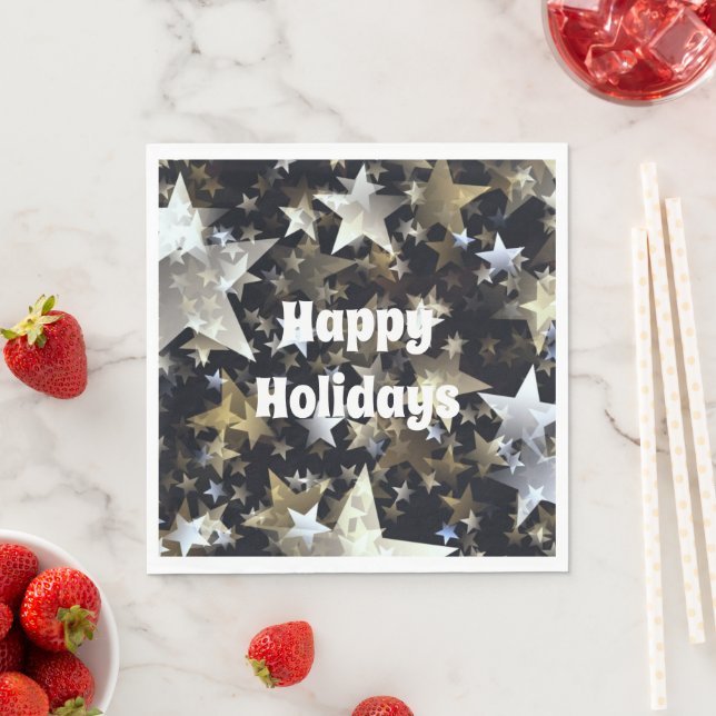 Guld & Silver Stars på Black Helgdag Std Napkins Pappersservett (Insitu)