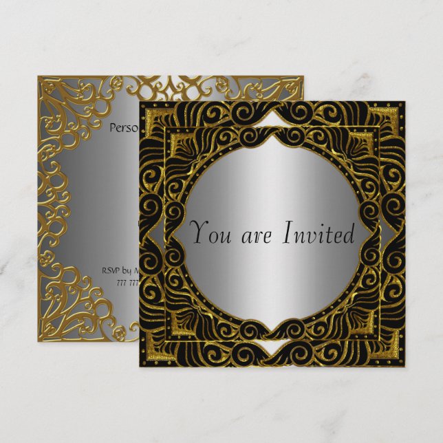 Guld Silver Svart retro festinbjudan Inbjudningar (Fram/baksida)