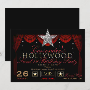 Guld Silver Svart & Röd Hollywood Födelsedagsfest Inbjudningar