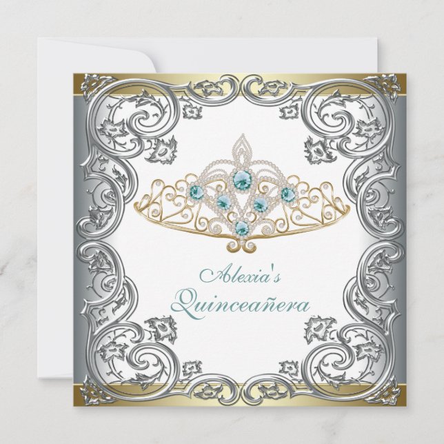 Guld Silver Turkos Tiara Quinceanera Inbjudningar (Framsida)