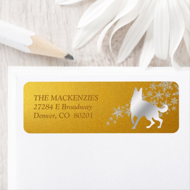 Guld Silver Winter German Shepherd Hund1 Returadress Etikett (Insitu)