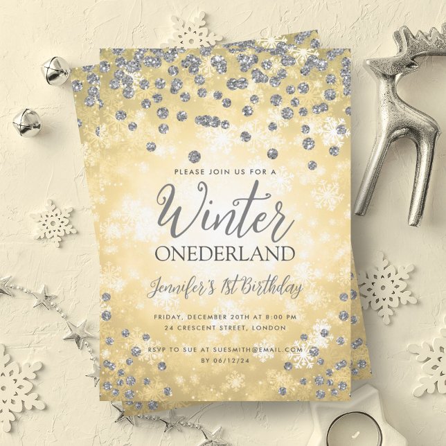 Guld Silver Winter ONEDERLAND 1:a födelsedag Inbjudningar (Gold Silver Winter ONEDERLAND 1st Birthday Invitation)