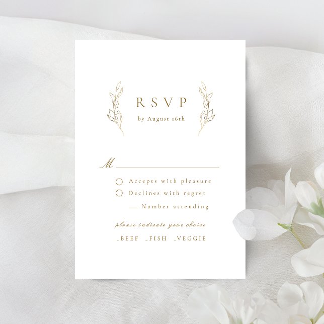 Guld simpel elegans botaniskt bröllop OSA kort (Gold simple elegance botanical wedding RSVP card)