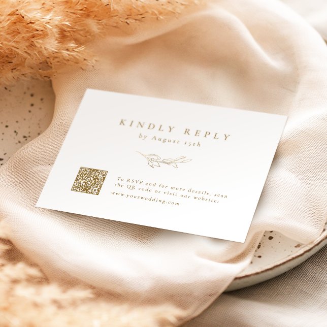 Guld simpel elegans botaniskt QR-kod bröllop OSA Kort (Gold simple elegance botanical QR code wedding RSVP Card)