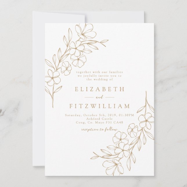 Guld Simple Cherry Blommar Hand plockade Wandeans Inbjudningar (Framsida)