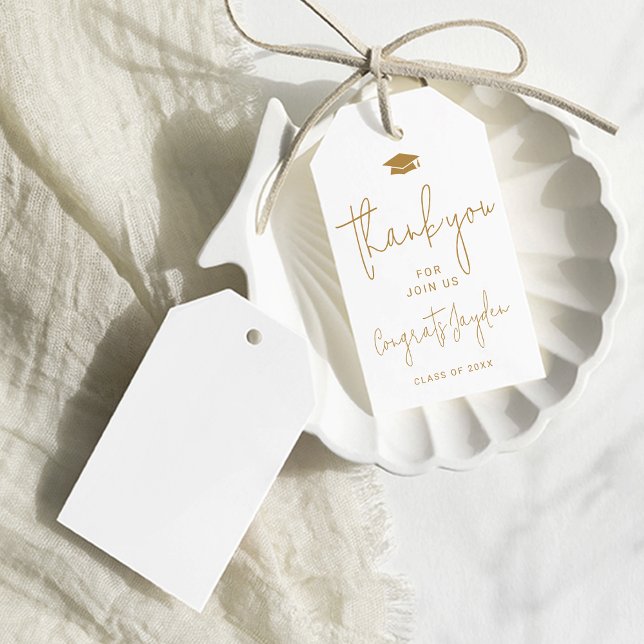 Guld Simple Modern Script Student tackar dig Presentetikett (Gold Simple Modern Script Graduate thank you Gift Tags)