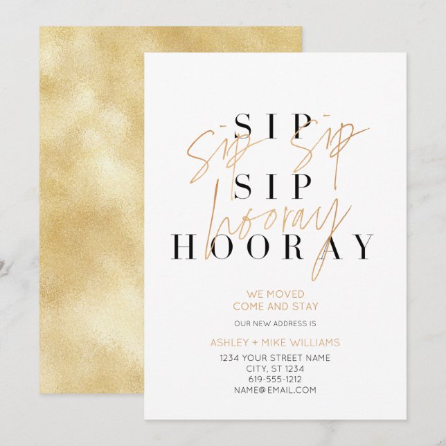 Guld Sip Sip Hooray Champagne Flytta Announcement Meddelande (Fram/baksida)