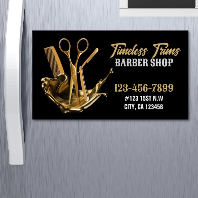 Guld Sissors Barbershop Hairdresser Barber Shop Magnetiska Visitkort (Gold Scissors Barbershop Hairdresser Barber Shop Business Card Magnet)