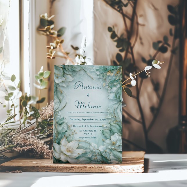 Guld Självblommande Grön Vit Blommig Vinterbröllop Inbjudningar (Skapare uppladdad)