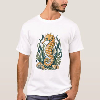 Guld Sjöhäst med Sjögräs och Snigelskal T Shirt