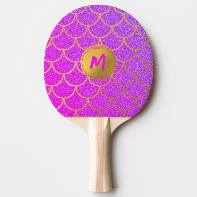 Guld Sjöjungfru Rosa Glitter Monogram Bord Tennis Pingisracket (Framsidan)