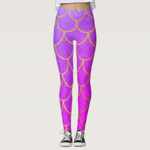 Guld Sjöjungfru Scale Rosa Lila Glitter Leggings