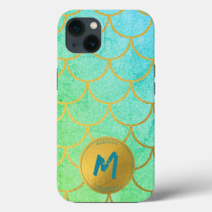 Guld Sjöjungfru Scales Teal Mönster Monogram