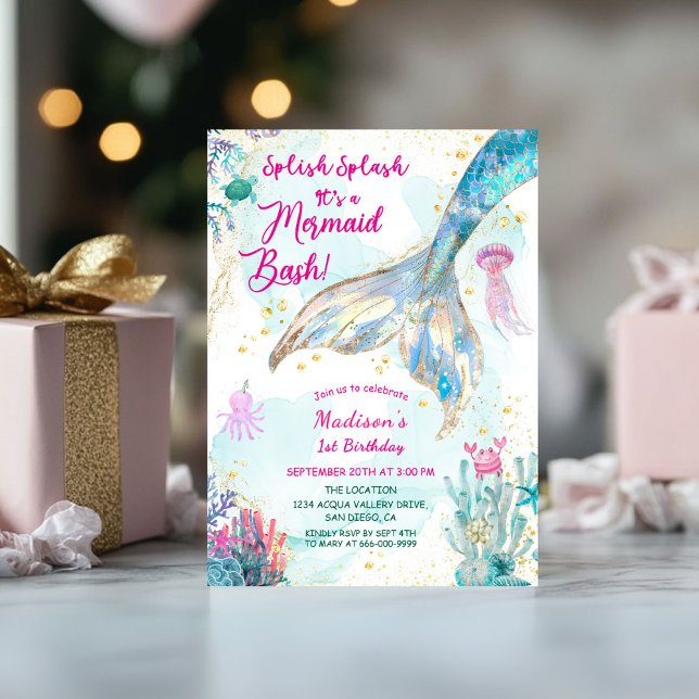 Guld Sjöjungfru Svan flicka 1:a födelsedagen Party Inbjudningar (Mermaid Tale Gold Turquoise 1st Birthday Girl Party Invitation)